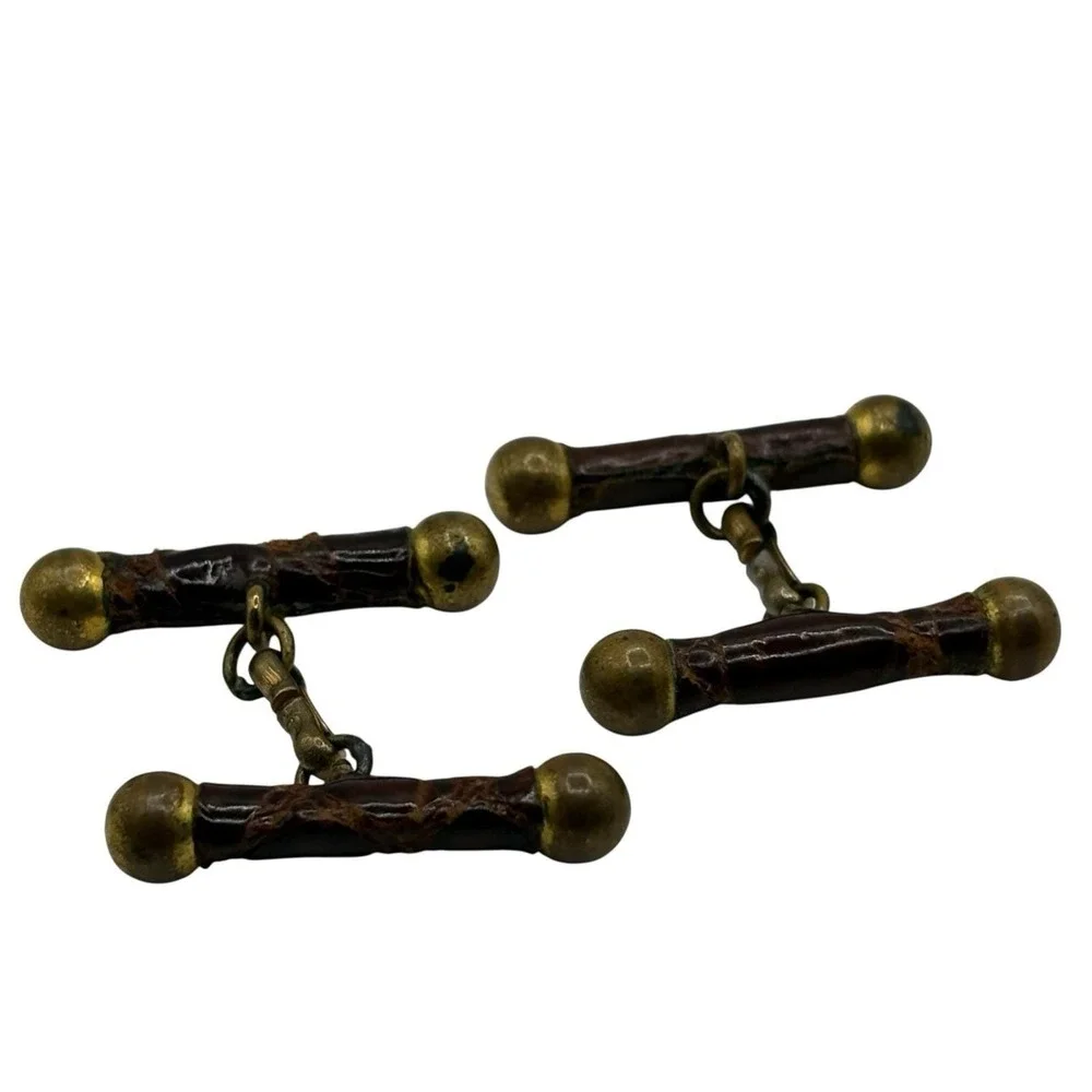 Vtg Antique Cufflinks Brown Snakeskin Leather Brass Barbell ‎ Chain Link RARE